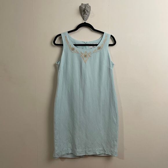 Vintage 10 linen light blue a-line mini dress embroidered floral boho summer - Picture 1 of 9